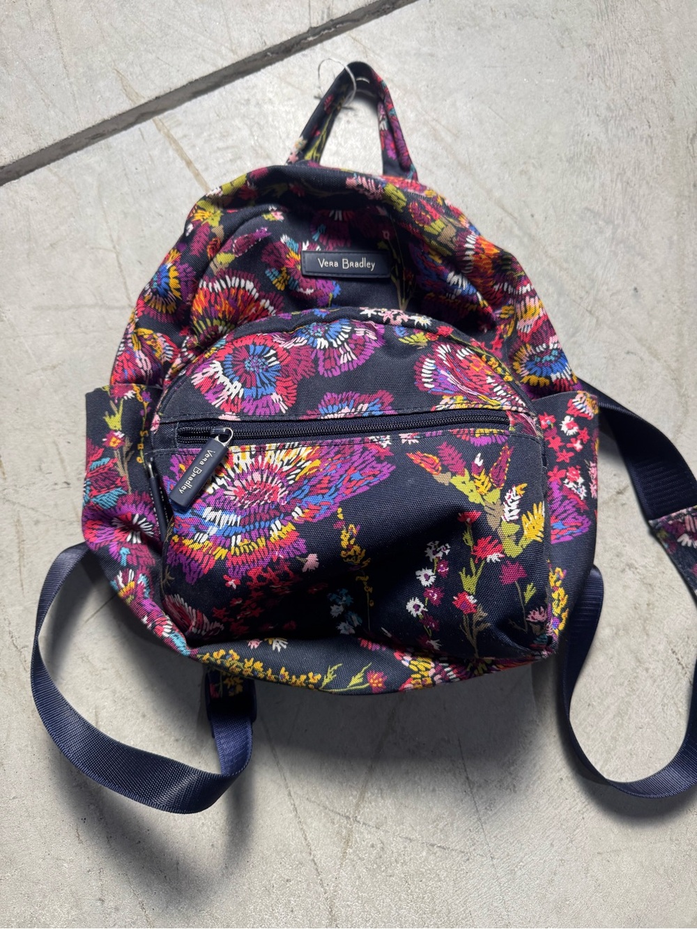 Vera Bradley Navy Floral Mini Backpack with Pink, Purple & Yellow Accents